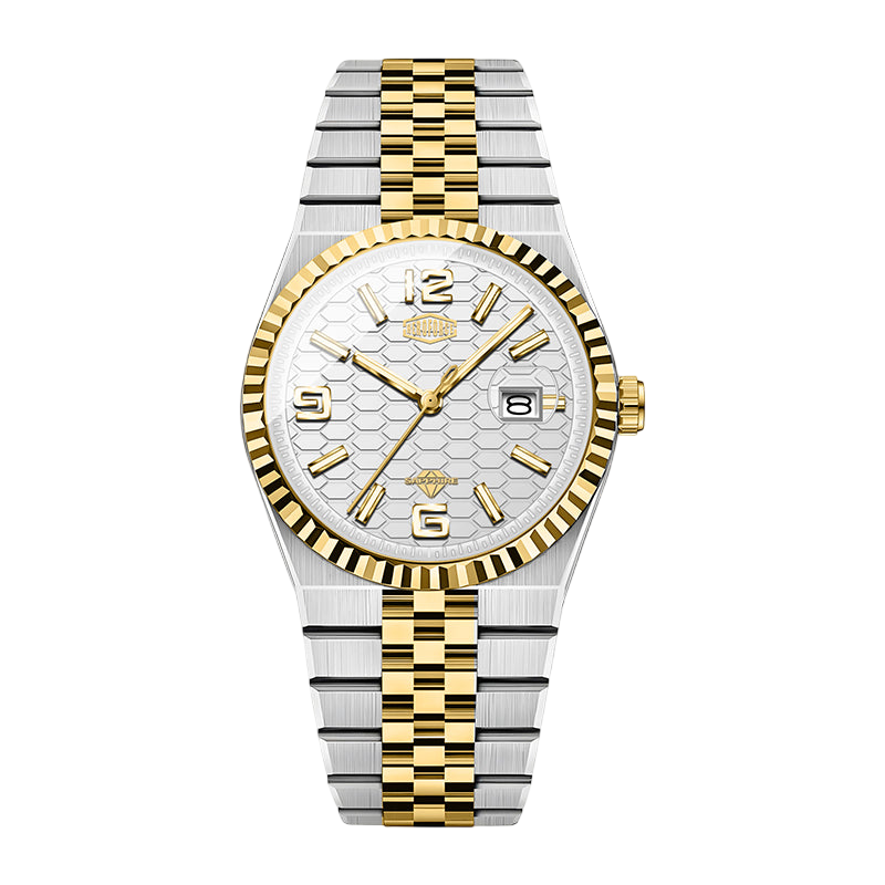 A two-tone stainless steel and gold wristwatch with a textured white dial, fluted bezel, and matching two-tone link bracelet, shown against a plain white background.