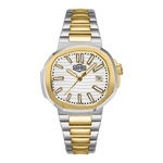 A two-tone stainless steel and gold wristwatch with a white dial, featuring a date window and the Magne-Tech logo on the watch face, set against a plain white background.