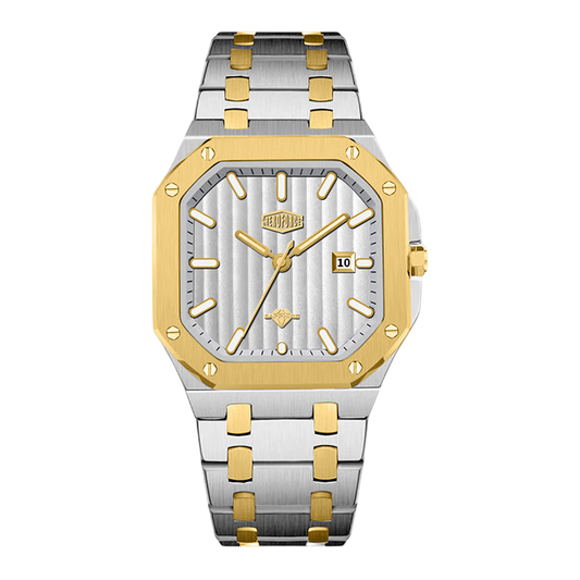 A two-tone stainless steel and yellow gold wristwatch with an octagonal bezel, a silver striped dial, and a matching two-tone link bracelet, shown on a plain white background.