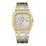 A two-tone stainless steel and yellow gold wristwatch with an octagonal bezel, a silver striped dial, and a matching two-tone link bracelet, shown on a plain white background.