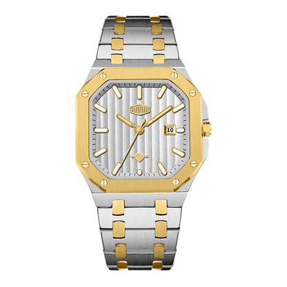A two-tone stainless steel and yellow gold wristwatch with an octagonal bezel, a silver striped dial, and a matching two-tone link bracelet, shown on a plain white background.