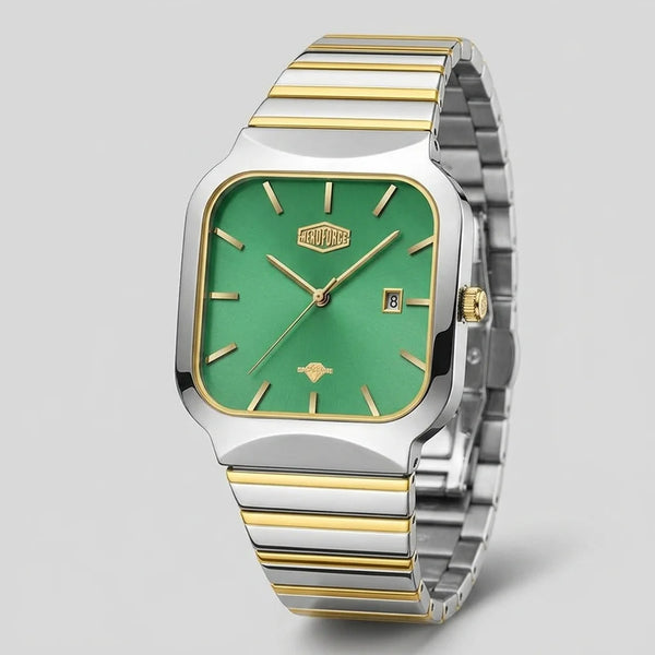 A two-tone stainless steel and gold wristwatch with a square bezel, green dial, and matching metal link bracelet, shown on a light gray background.