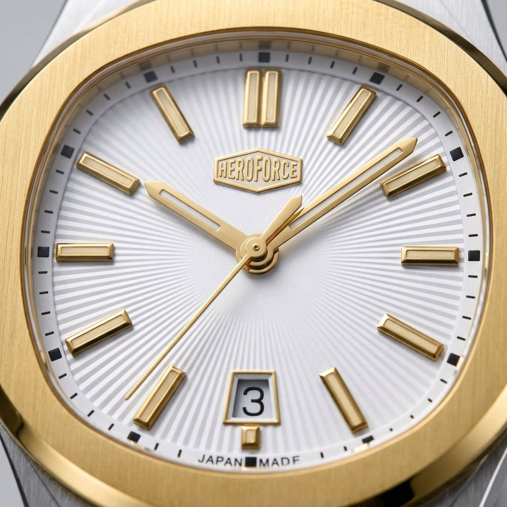A two-tone stainless steel and yellow gold wristwatch with a white sunburst dial, featuring gold-tone hour markers, gold hands, and a date window at the 6 o'clock position.