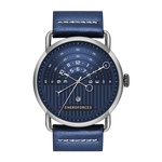 A wristwatch with a dark blue leather strap, a silver-tone case, and a matching dark blue dial featuring the brand name 'HEROFORCE' on a white background.