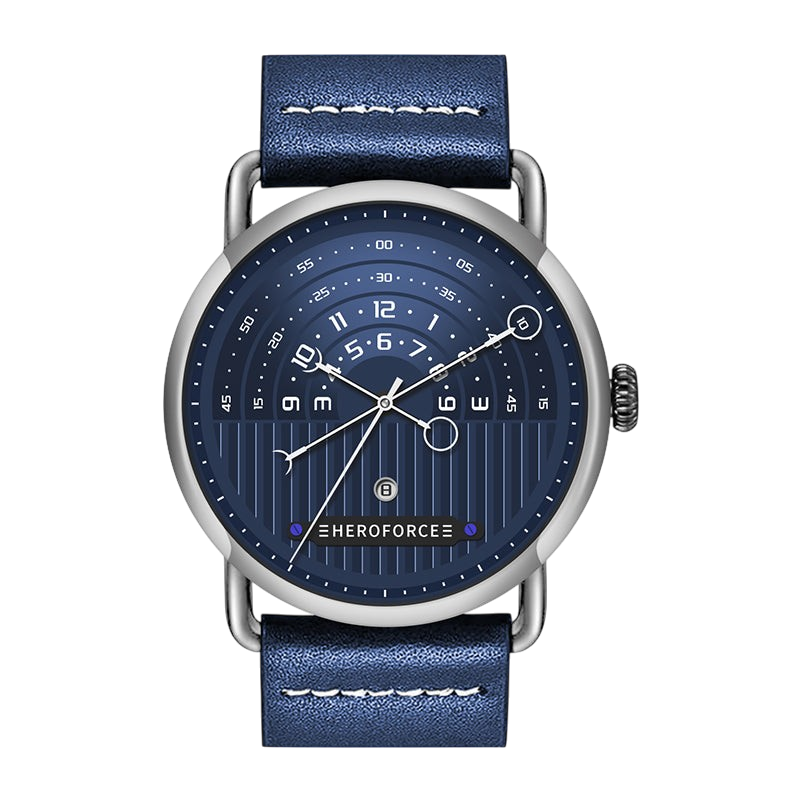 A wristwatch with a dark blue leather strap, a silver-tone case, and a matching dark blue dial featuring the brand name 'HEROFORCE' on a white background.