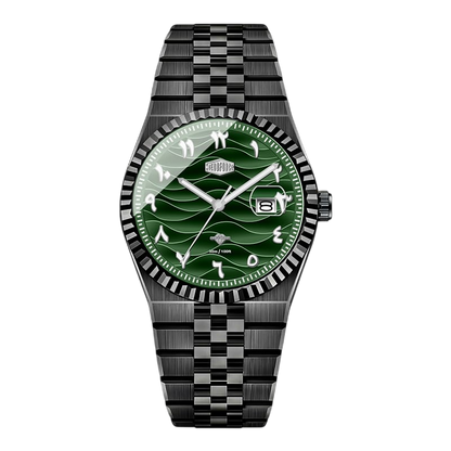 A wristwatch with a dark gunmetal checkered metal bracelet and case, featuring a green wave-pattern dial with silver-tone hands and markers.