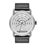 A wristwatch with a silver-tone round case, a white dial featuring black Arabic numerals and a 24-hour ring, and a black leather strap with white stitching.