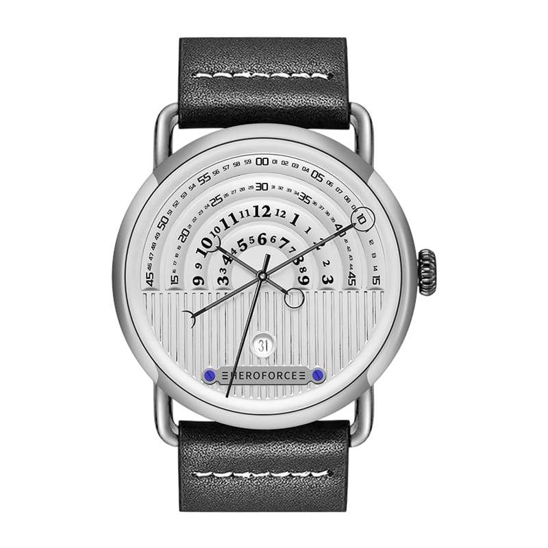 A wristwatch with a silver-tone round case, a white dial featuring black Arabic numerals and a 24-hour ring, and a black leather strap with white stitching.