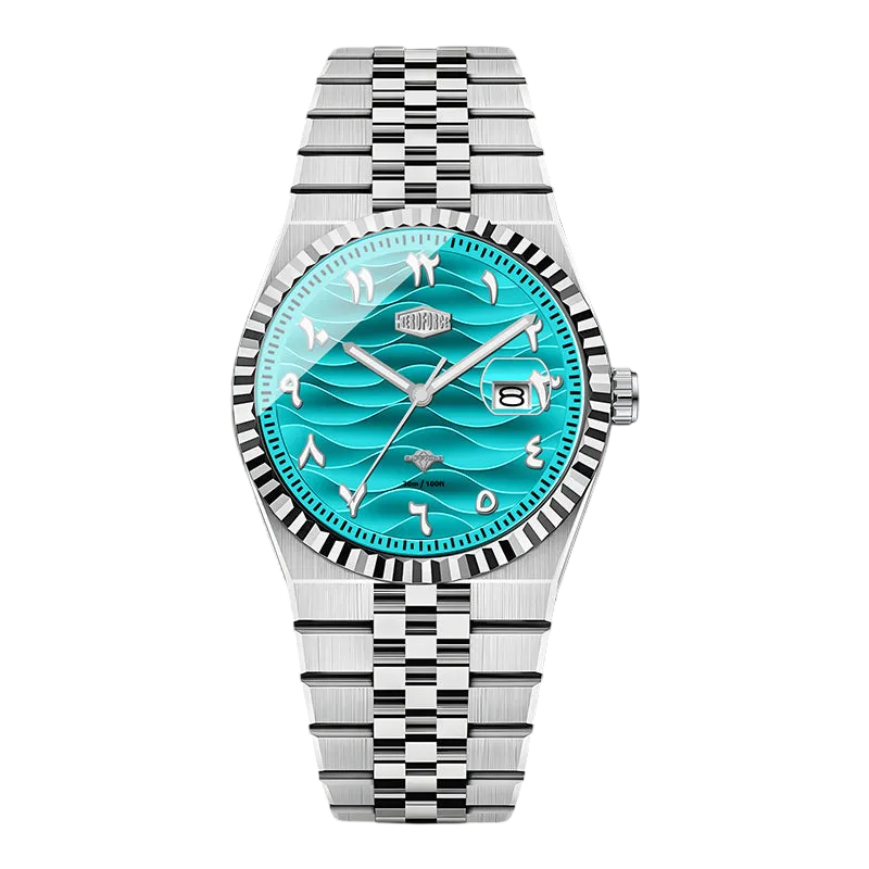 A  wristwatch with a silver stainless steel link bracelet, fluted bezel, and a vibrant turquoise dial with a wave pattern and Arabic numerals.