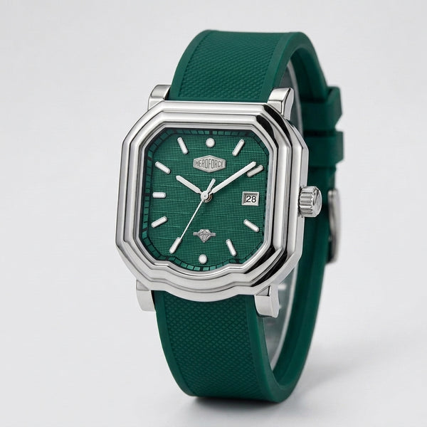 A wristwatch with an octagonal silver-tone case, a textured green dial, and a matching green strap, shown on a light gray background.