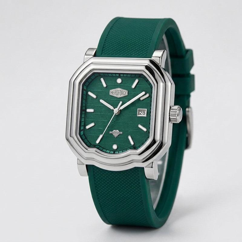 A wristwatch with an octagonal silver-tone case, a textured green dial, and a matching green strap, shown on a light gray background.