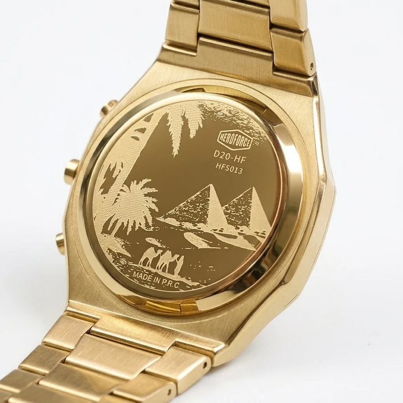 Back view - Gold digital wristwatch with metallic band, three side buttons, and display