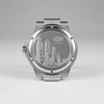 Back view - Silver wristwatch with octagonal rectangular case, metallic bracelet, gray textured dial, silver markers, and date window