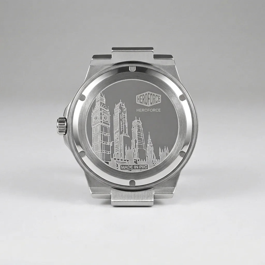 Back view - Silver wristwatch with octagonal rectangular case, metallic bracelet, gray textured dial, silver markers, and date window