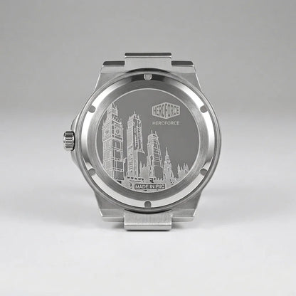Back view - Silver wristwatch with octagonal rectangular case, metallic bracelet, gray textured dial, silver markers, and date window