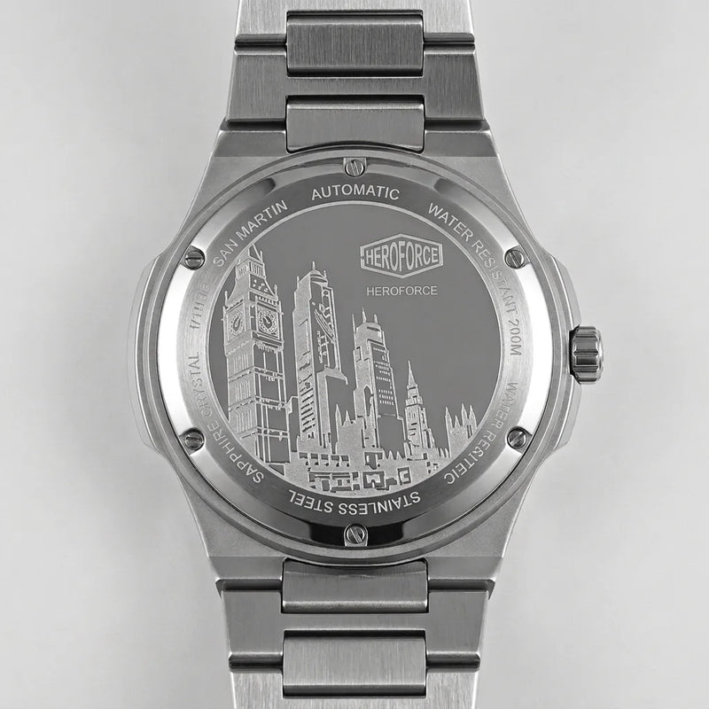 Back view - Stainless steel wristwatch with turquoise sunburst dial, silver markers, and small seconds subdial