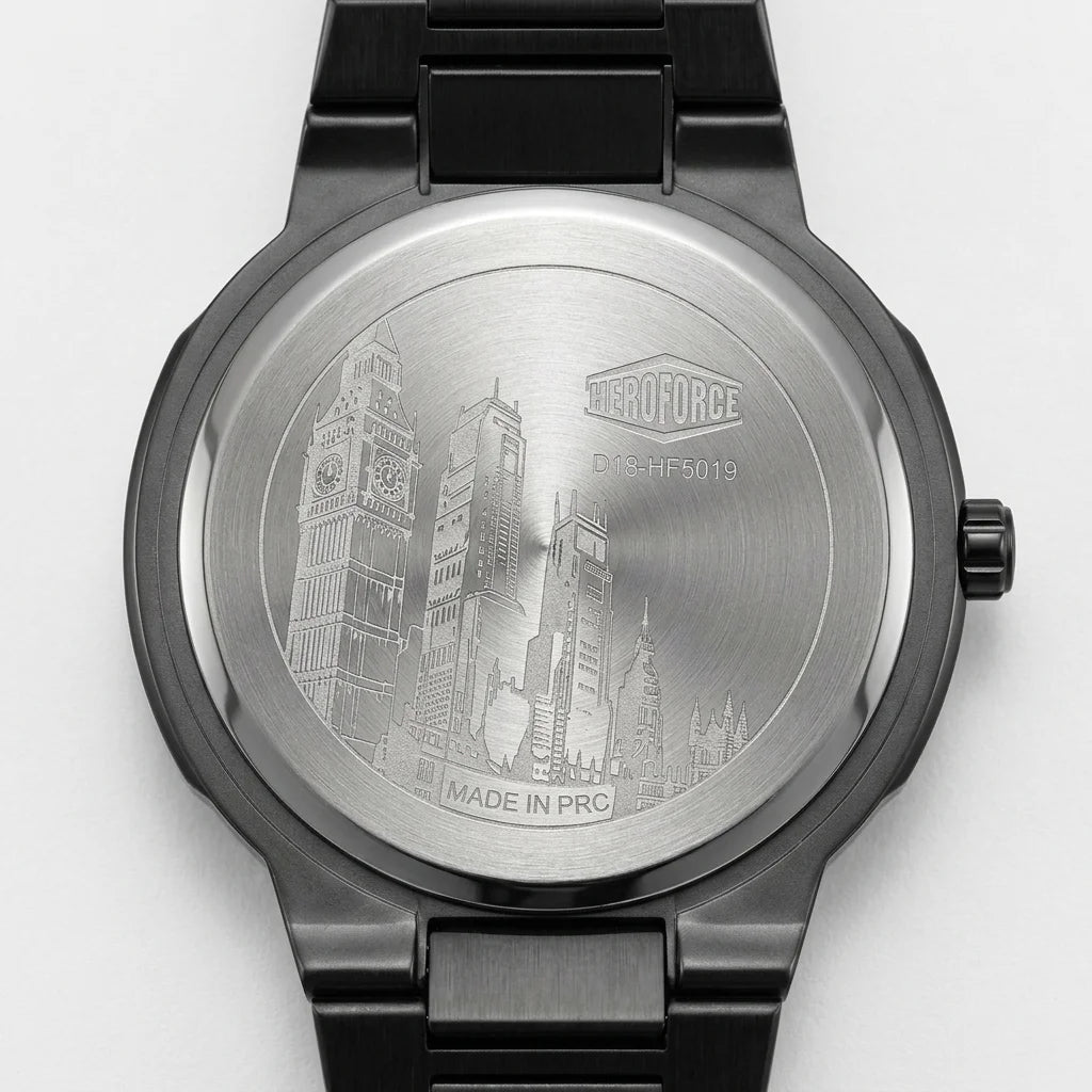 Back view of A men's analog watch with a black metal case and link bracelet, featuring a silver dial with a wavy pattern, silver hour markers