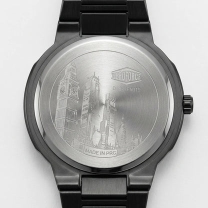 Back view of A men's analog watch with a black metal case and link bracelet, featuring a silver dial with a wavy pattern, silver hour markers