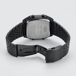 Back view of Black metallic digital wristwatch with rectangular face and green backlit display