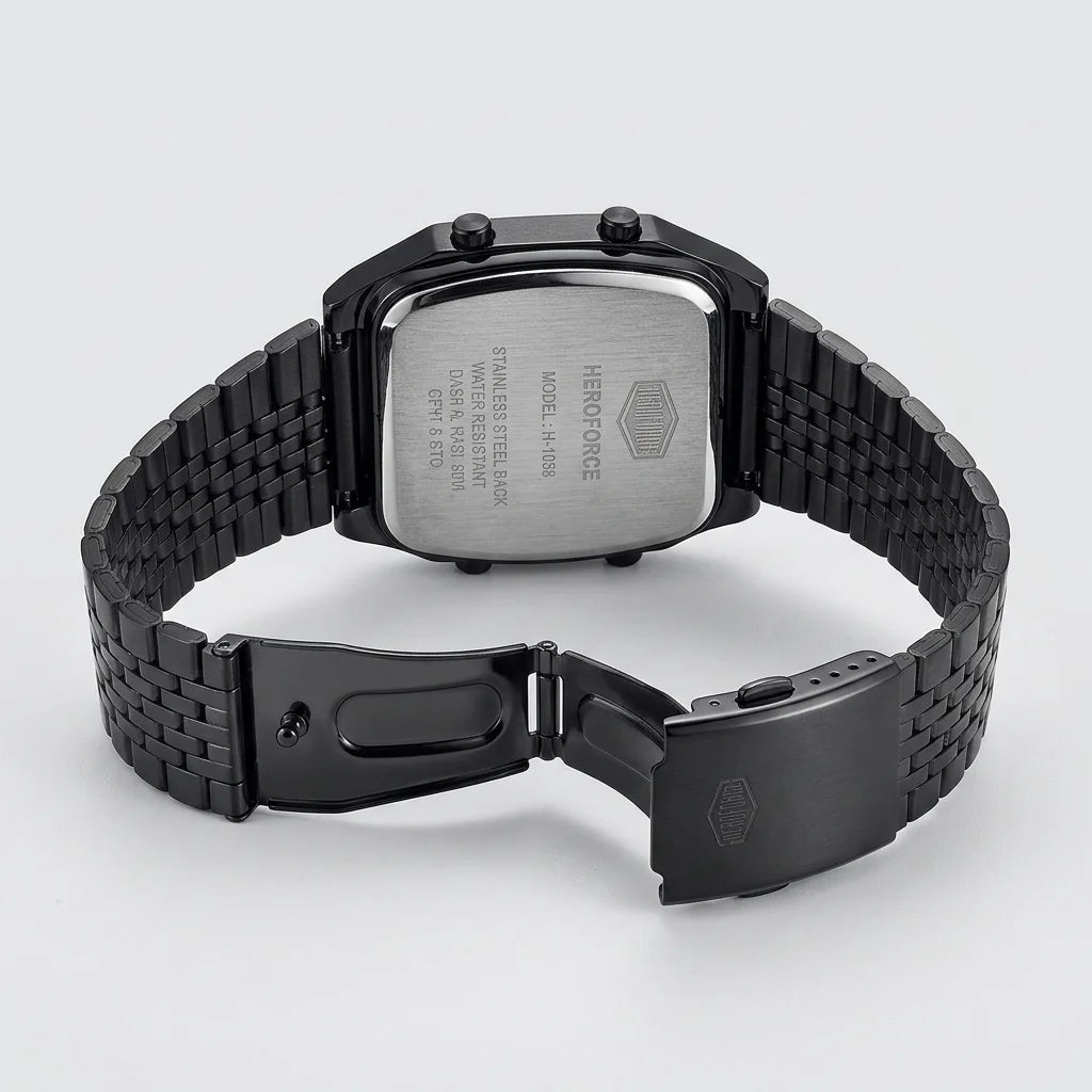 Back view of Black metallic digital wristwatch with rectangular face and green backlit display
