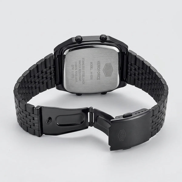 Back view of Black metallic digital wristwatch with rectangular face and green backlit display