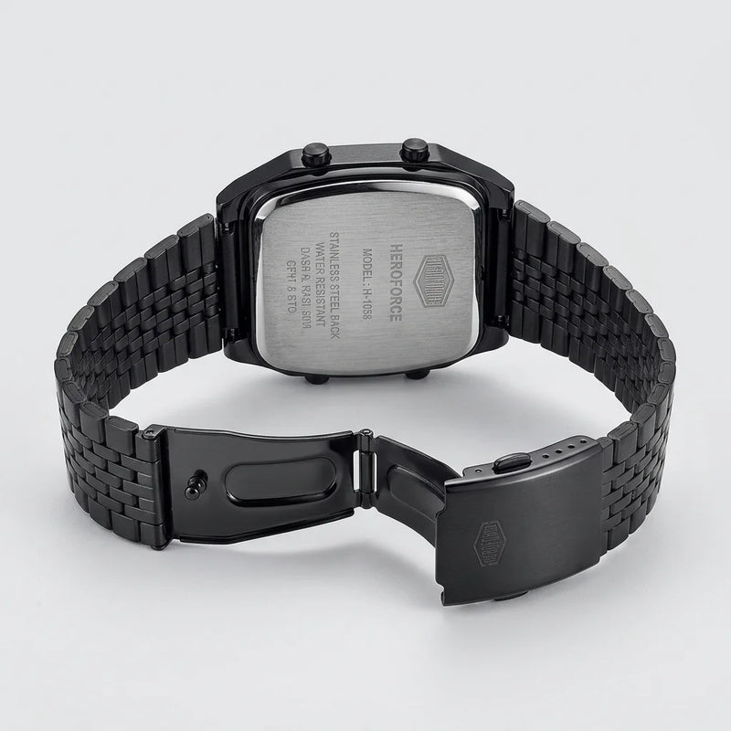 Back view of Black metallic digital wristwatch with rectangular face and green backlit display