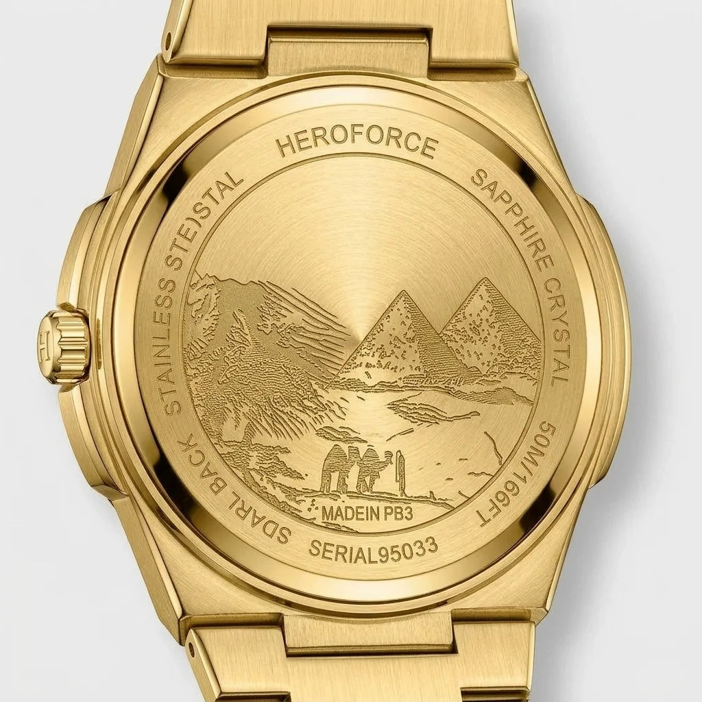 Back view of Gold-tone stainless steel watch with green textured dial, date display, and integrated bracelet