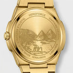 Back view of Gold-tone stainless steel watch with green textured dial, date display, and integrated bracelet