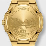 Back view of Gold-tone stainless steel watch with grey textured dial, date display, and integrated bracelet