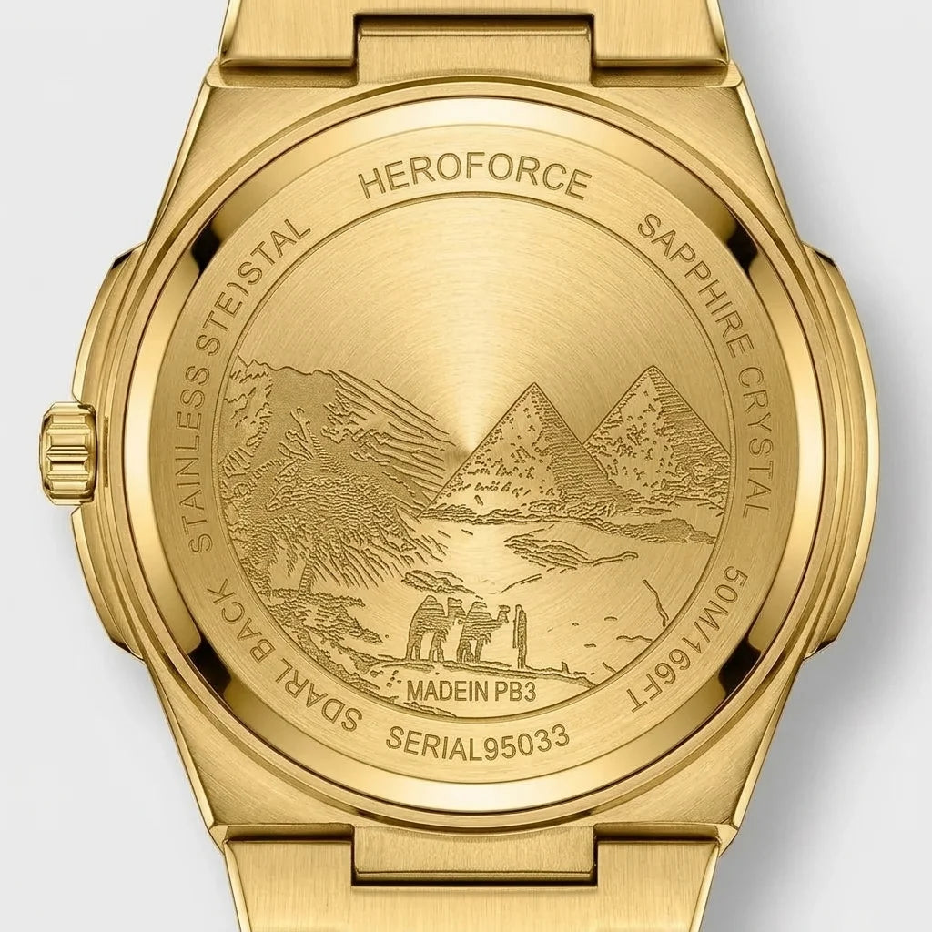 Back view of Gold-tone stainless steel watch with grey textured dial, date display, and integrated bracelet