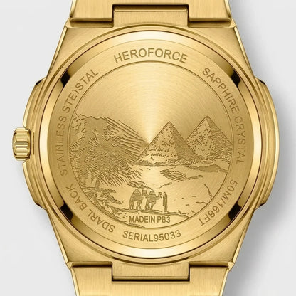 Back view of Gold-tone stainless steel watch with grey textured dial, date display, and integrated bracelet
