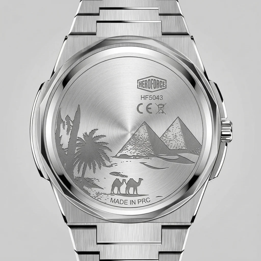 Back view of HEROFORCE wristwatch with silver bracelet, guilloché patterned dial, polished angular bezel, silver markers and hands, date window at 28, brushed steel finish.