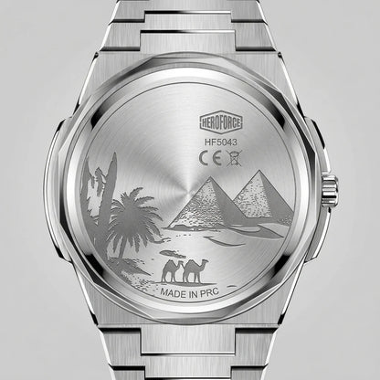 Back view of HEROFORCE wristwatch with silver bracelet, guilloché patterned dial, polished angular bezel, silver markers and hands, date window at 28, brushed steel finish.