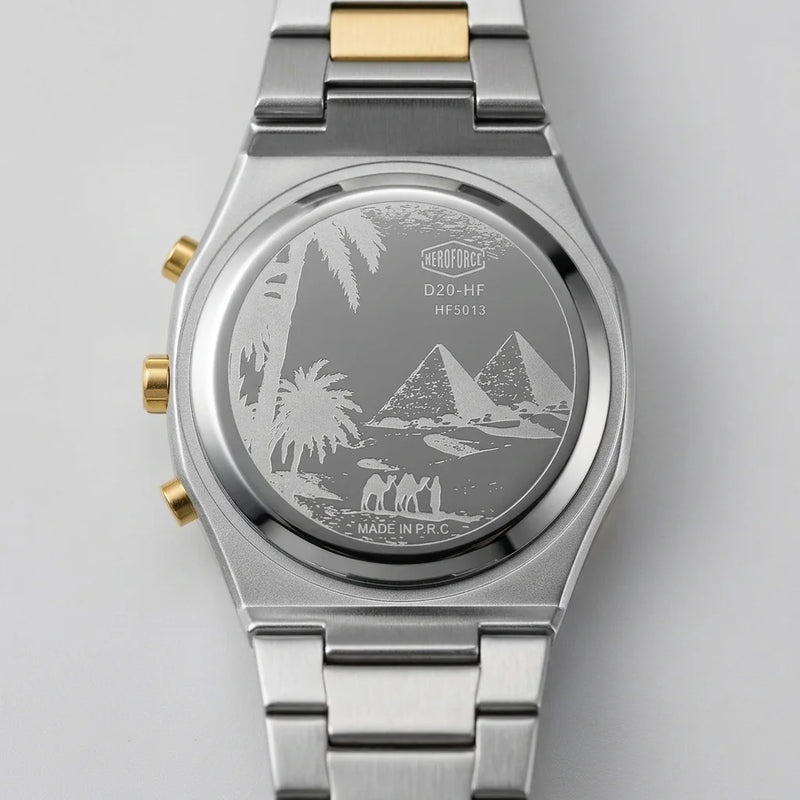 Back view of Round digital wristwatch with alternating silver and gold segmented band, gold bezel, and three gold side buttons