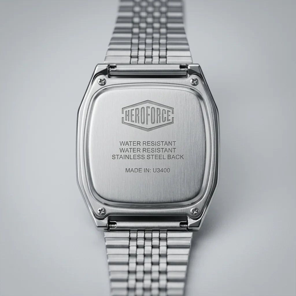 Back view of Silver digital wristwatch with rectangular face and segmented band, display showing brand “HEROFORCE"