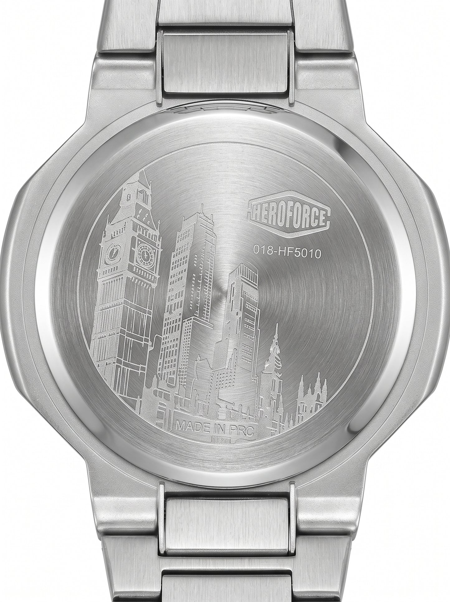 Back view of a stainless steel analog watch with a matching metal link band, set against a plain white background.