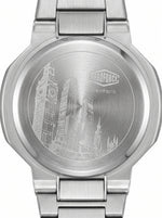 Back view of a stainless steel analog watch with a matching metal link band, set against a plain white background.