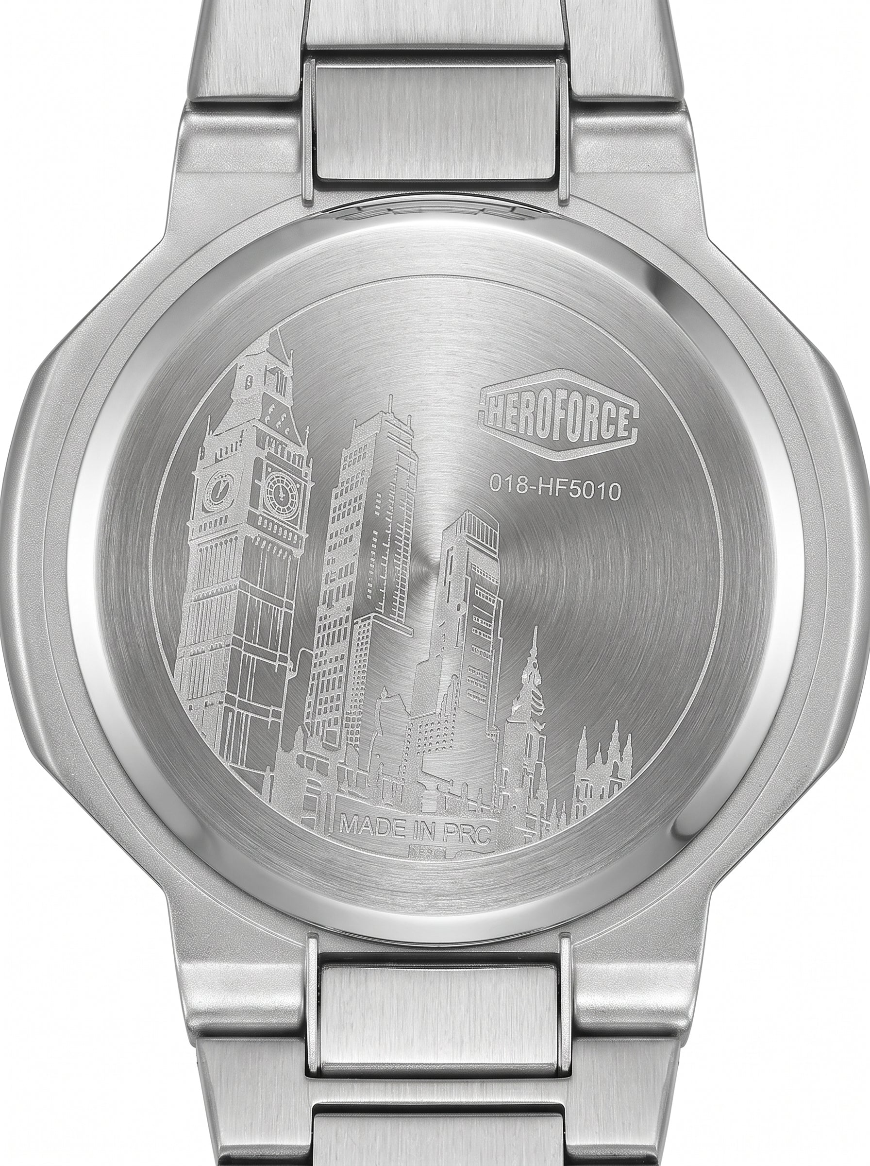 Back view of a stainless steel analog watch with a matching metal link band, set against a plain white background.