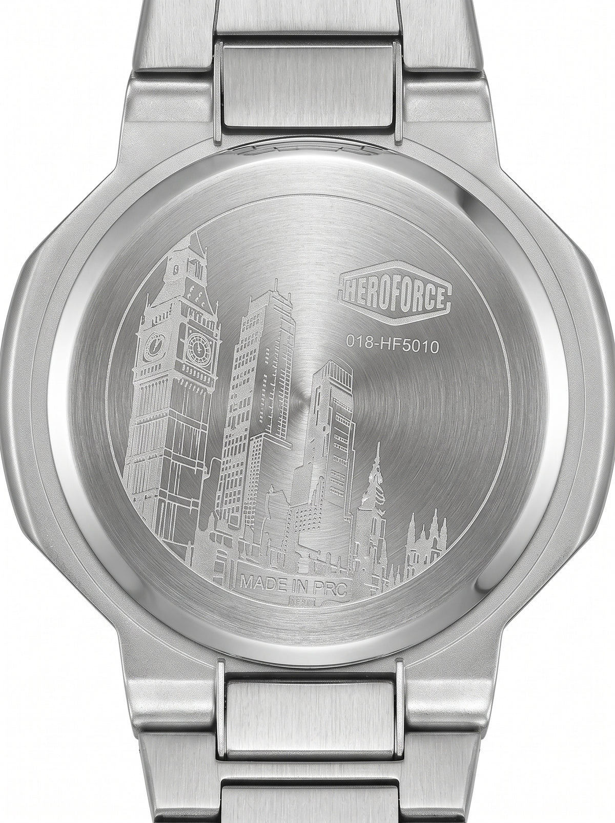 Back view of a stainless steel analog watch with a matching metal link band, set against a plain white background.