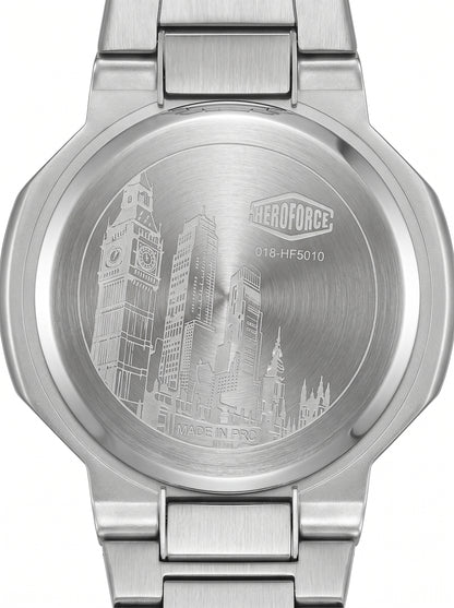 Back view of a stainless steel analog watch with a matching metal link band, set against a plain white background.