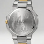 Back view of an Engraved stainless steel case back featuring a city skyline design and HeroForce branding.