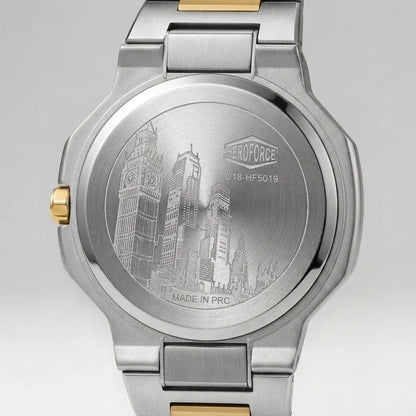 Back view of an Engraved stainless steel case back featuring a city skyline design and HeroForce branding.