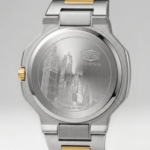 Back view of an Engraved stainless steel case back featuring a city skyline design and HeroForce branding.
