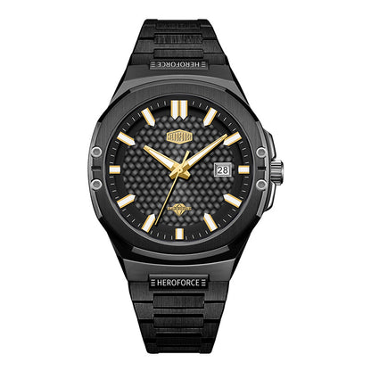 anthracite watch, black grid dial, gold markers