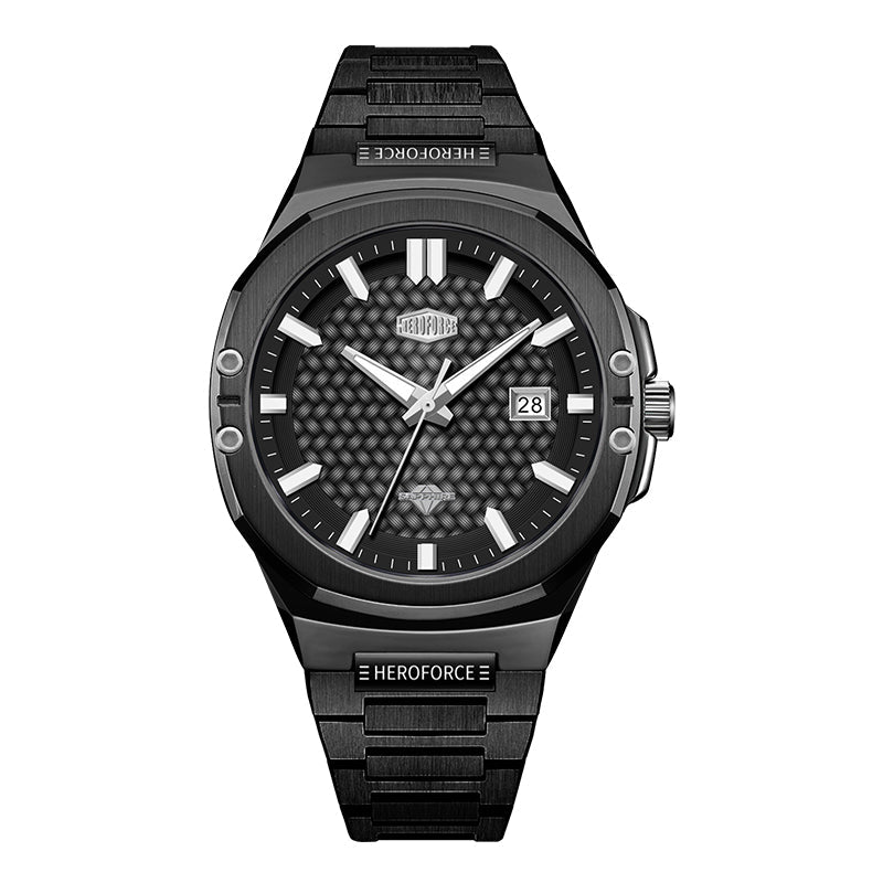 dark grey watch, black dial, silver hands