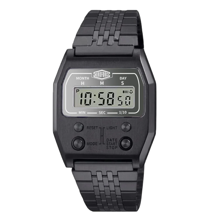 Black-Gray metallic digital wristwatch with segmented band, rectangular display showing brand “HEROFORGE,”