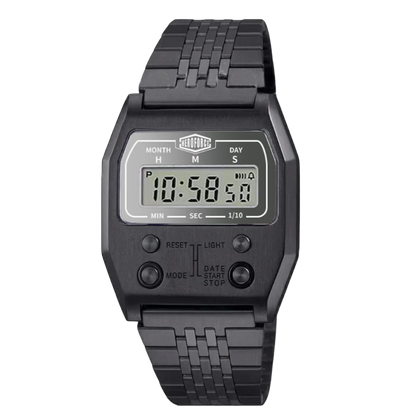 Black-Gray metallic digital wristwatch with segmented band, rectangular display showing brand “HEROFORGE,”