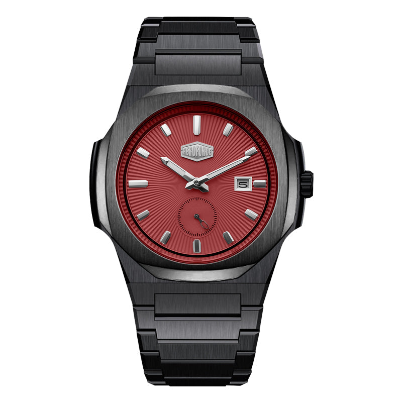 black watch, red dial, sunburst, small seconds