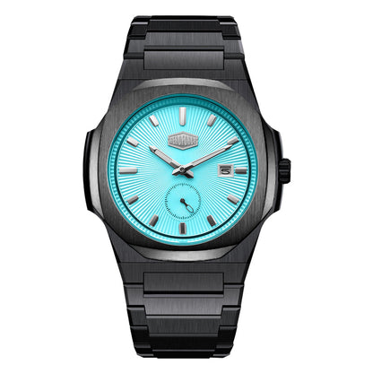 black watch, turquoise dial, sunburst, date