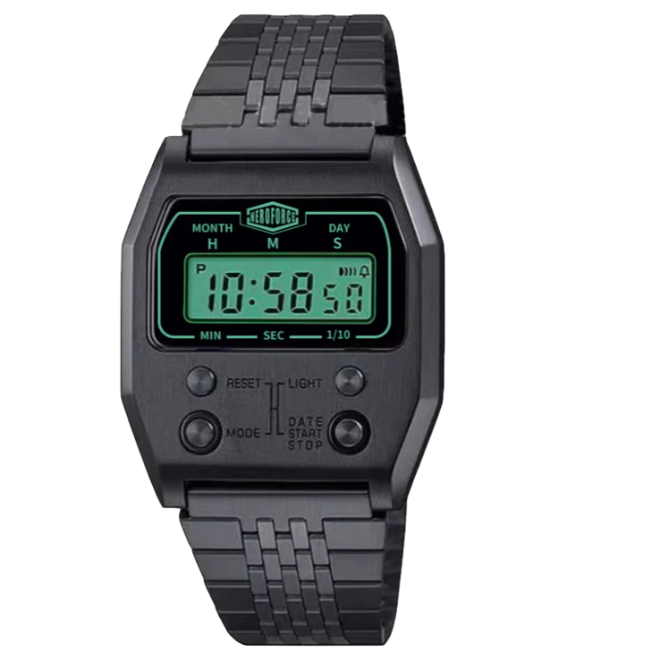 Black metallic digital wristwatch with rectangular face and green backlit display